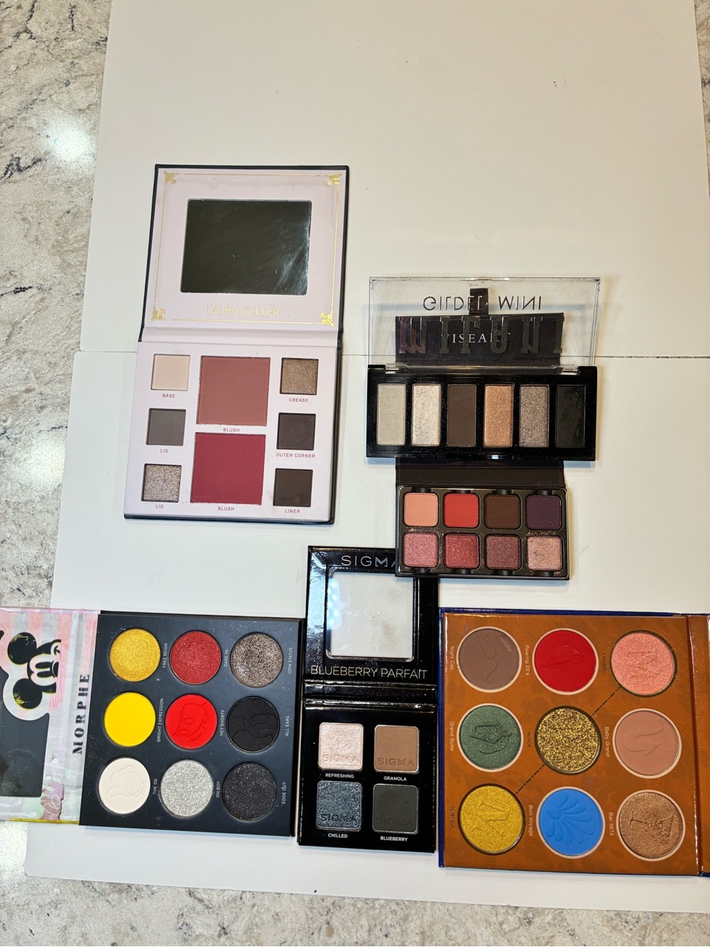 Six eyeshadow palettes Sigma, Nomad, Morphe, Viseart & Laura Geller